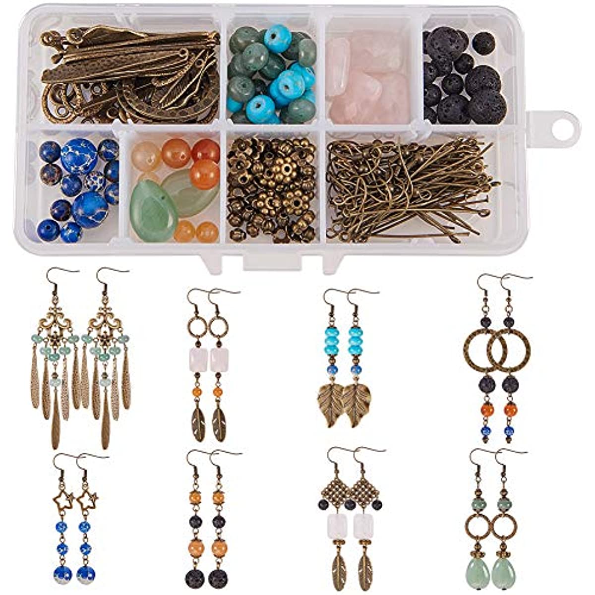 1 Box DIY 8 Pairs Chandelier Gemstone Earrings Making Starter Kit Feather  Charm Leaf Charms for Jewelry Making Earring Connector Charm Findings